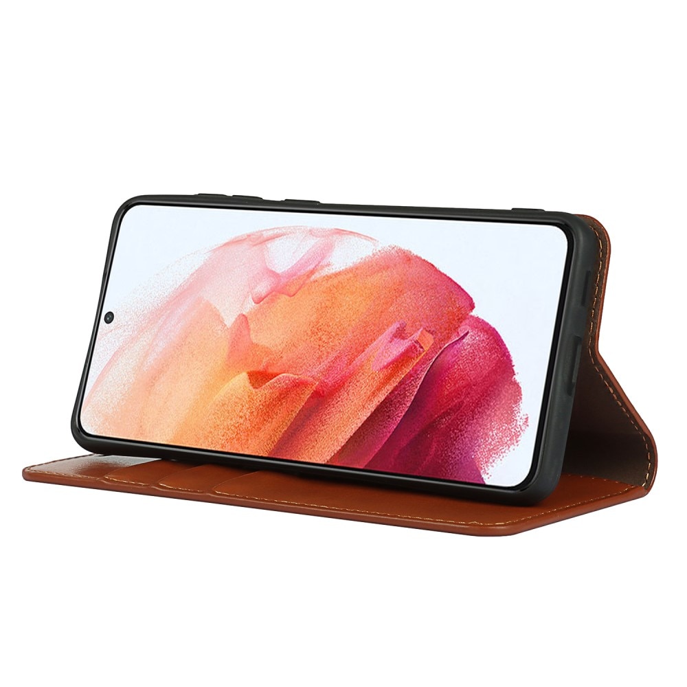Funda cartera de cuero genuino Samsung Galaxy S21 FE Marrón