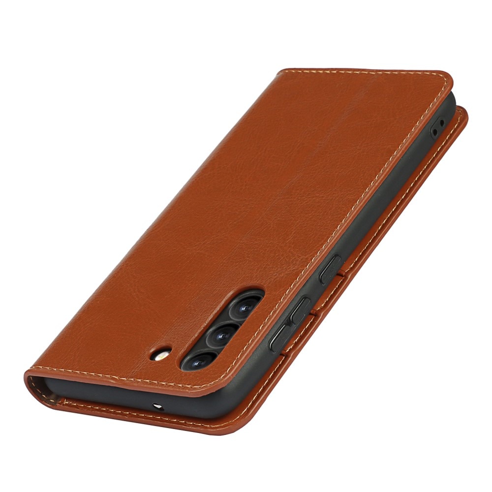 Funda cartera de cuero genuino Samsung Galaxy S21 FE Marrón