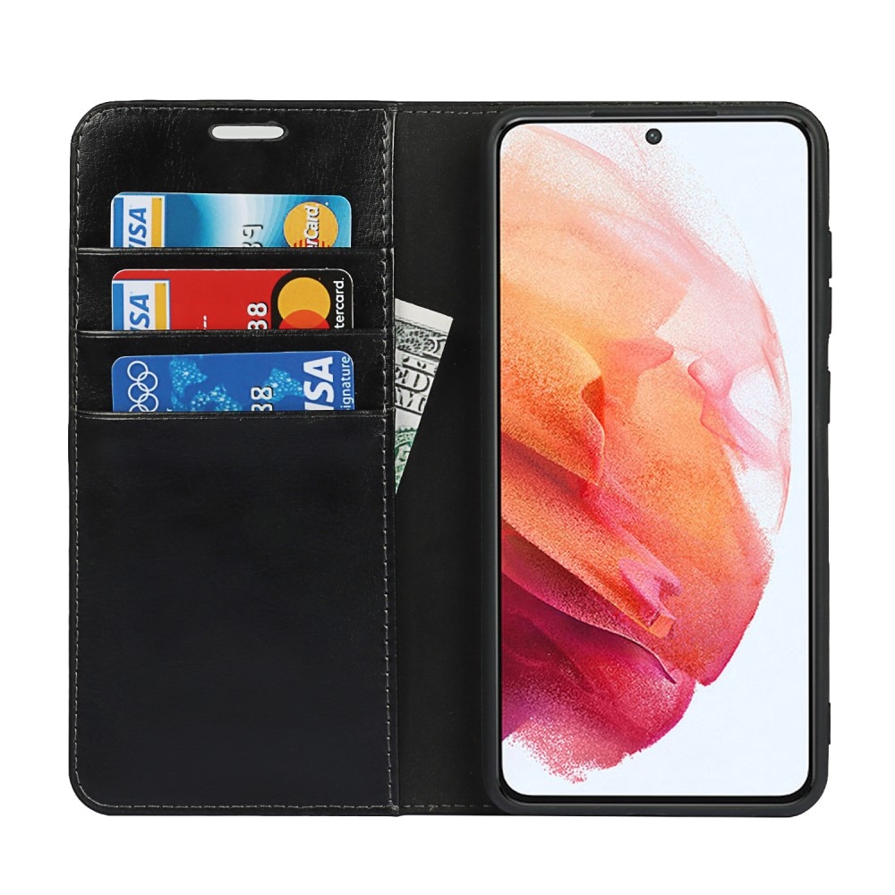 Funda cartera de cuero genuino Samsung Galaxy S21 FE Negro