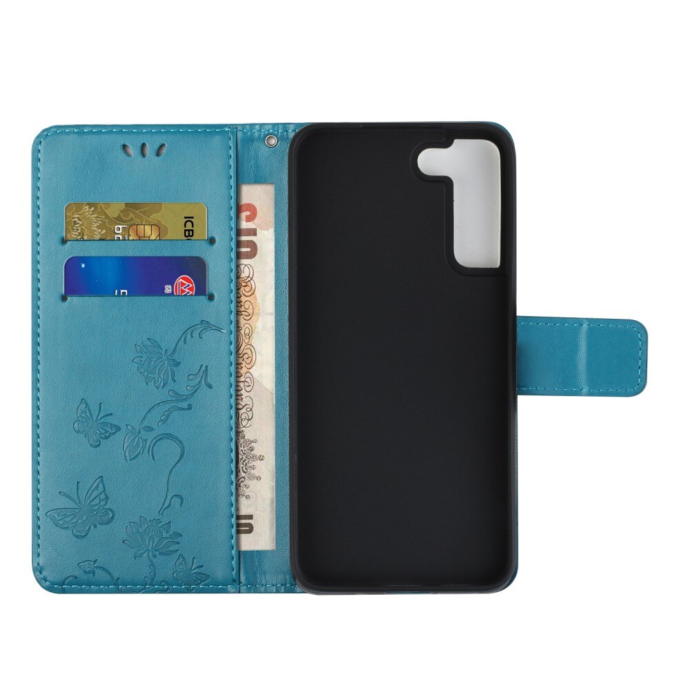 Funda de cuero con mariposas para Samsung Galaxy S22 Plus, azul