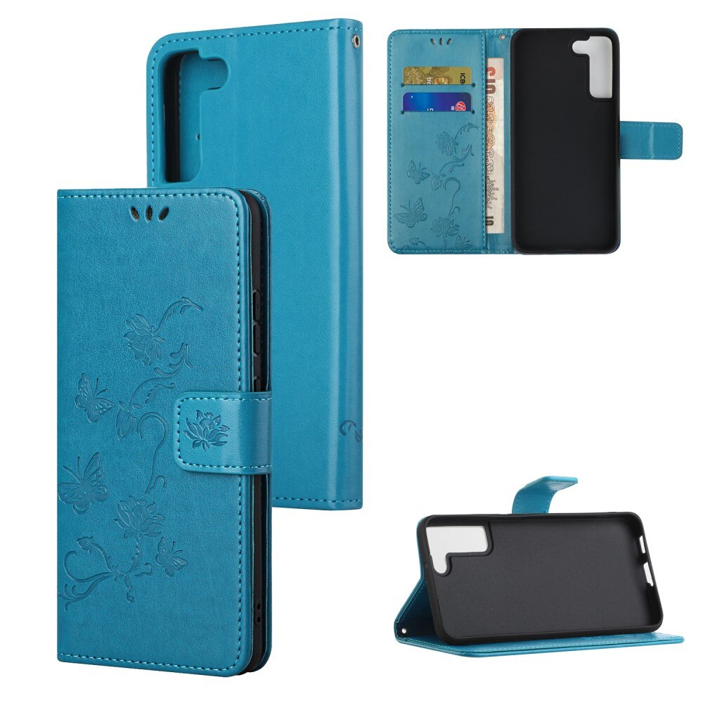 Funda de cuero con mariposas para Samsung Galaxy S22 Plus, azul