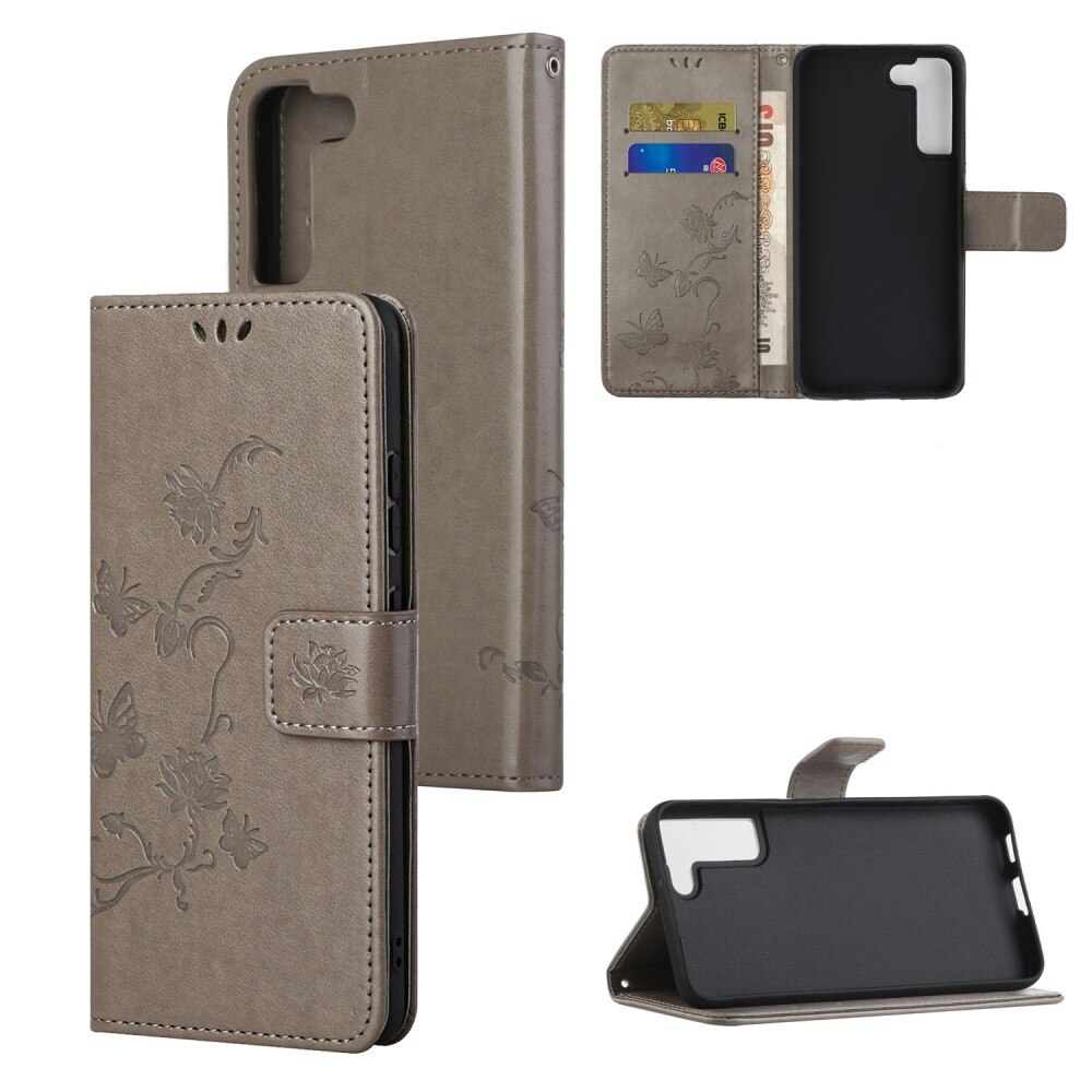 Funda de cuero con mariposas para Samsung Galaxy S22 Plus, gris