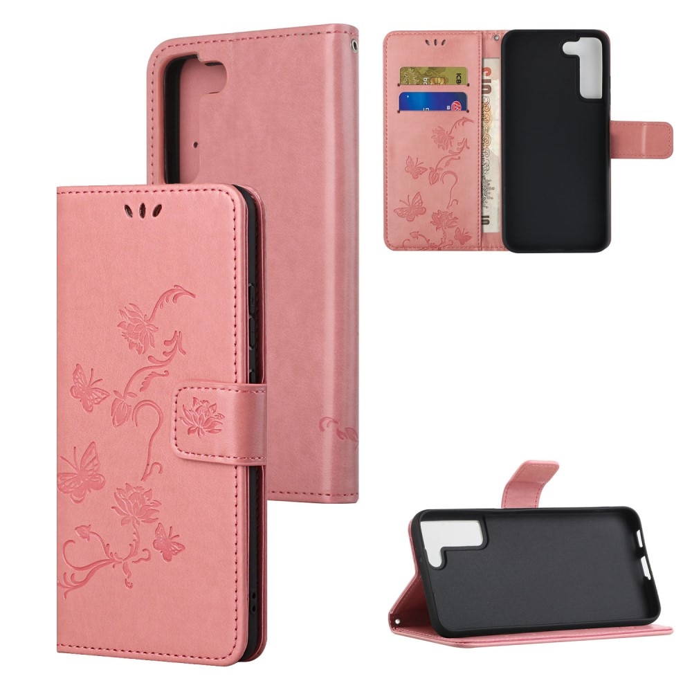 Funda de cuero con mariposas para Samsung Galaxy S22 Plus, rosado