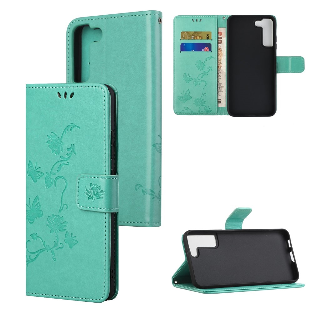 Funda de cuero con mariposas para Samsung Galaxy S22, verde