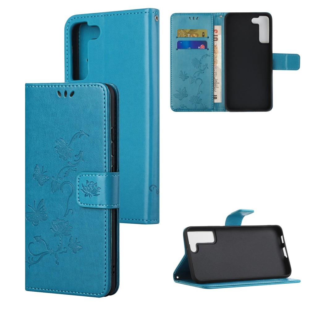 Funda de cuero con mariposas para Samsung Galaxy S22, azul