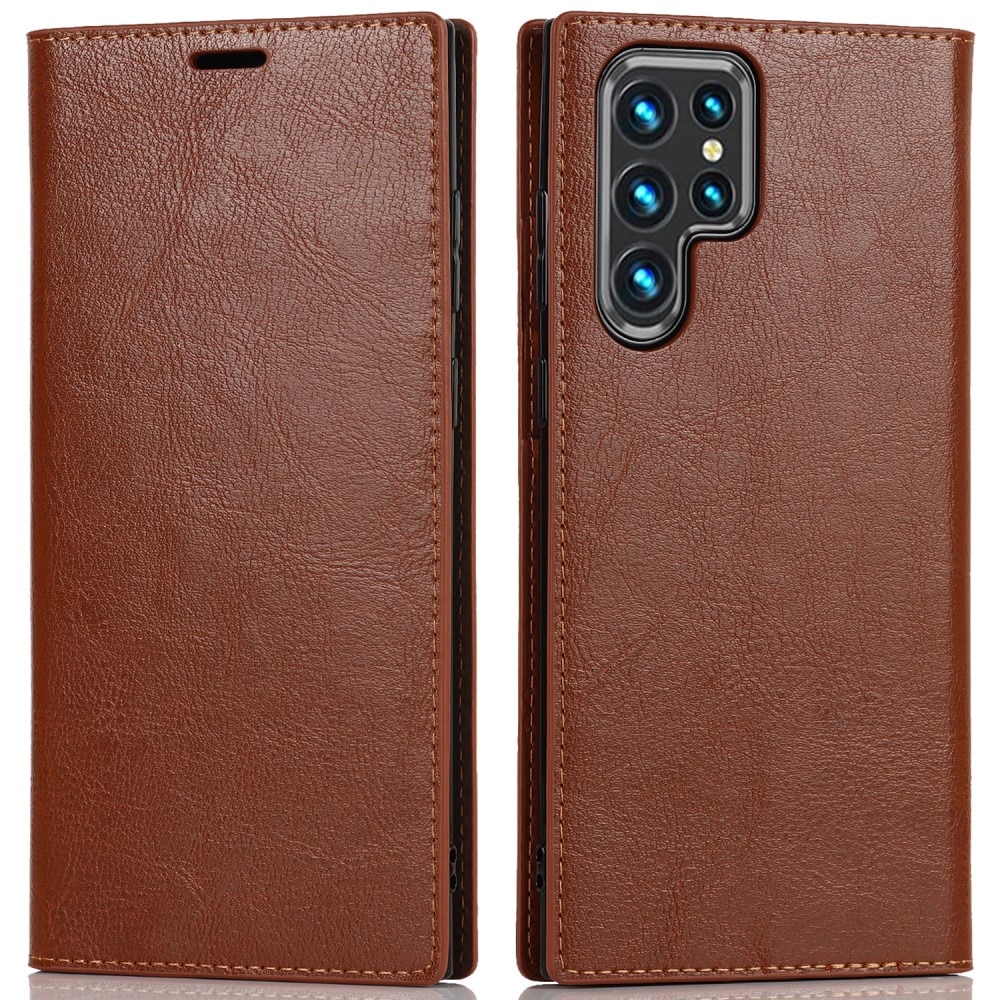 Funda cartera de cuero genuino Samsung Galaxy S22 Ultra Marrón