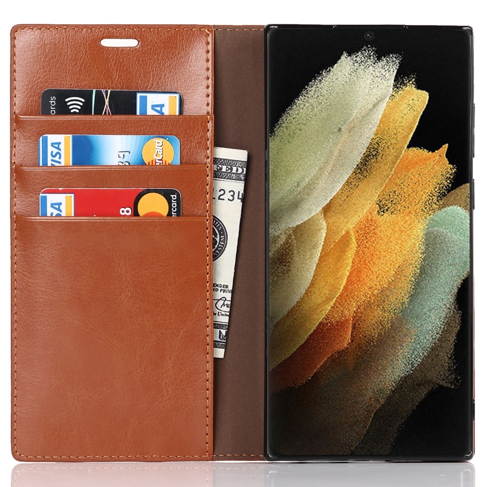 Funda cartera de cuero genuino Samsung Galaxy S22 Ultra Marrón