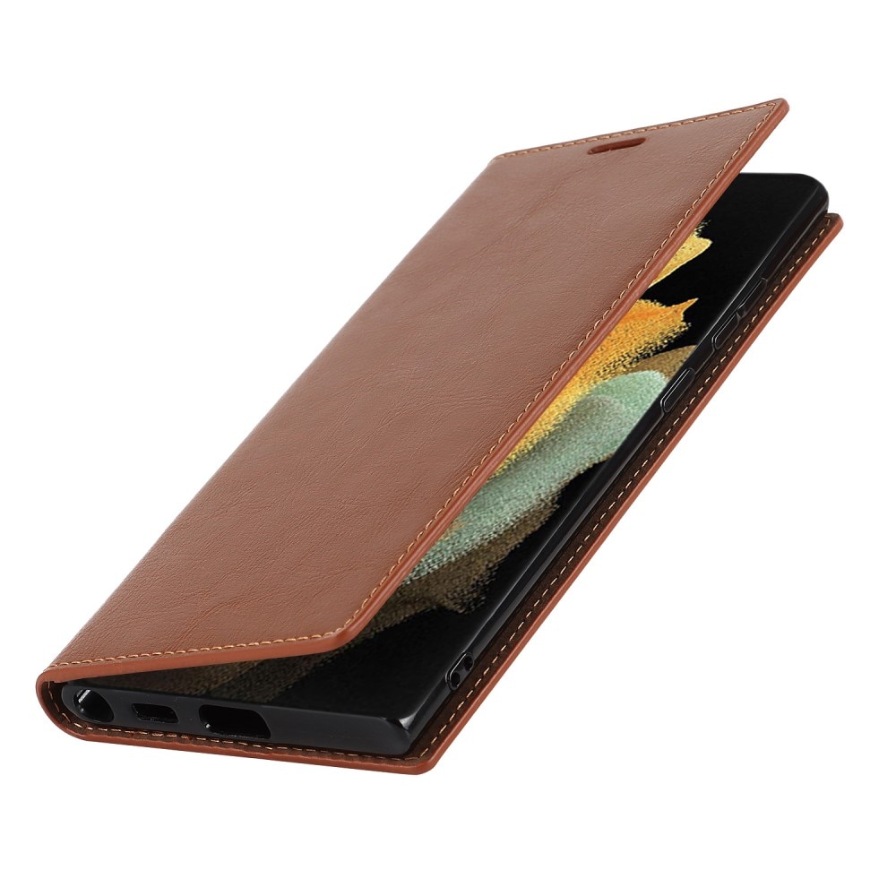 Funda cartera de cuero genuino Samsung Galaxy S22 Ultra marrón