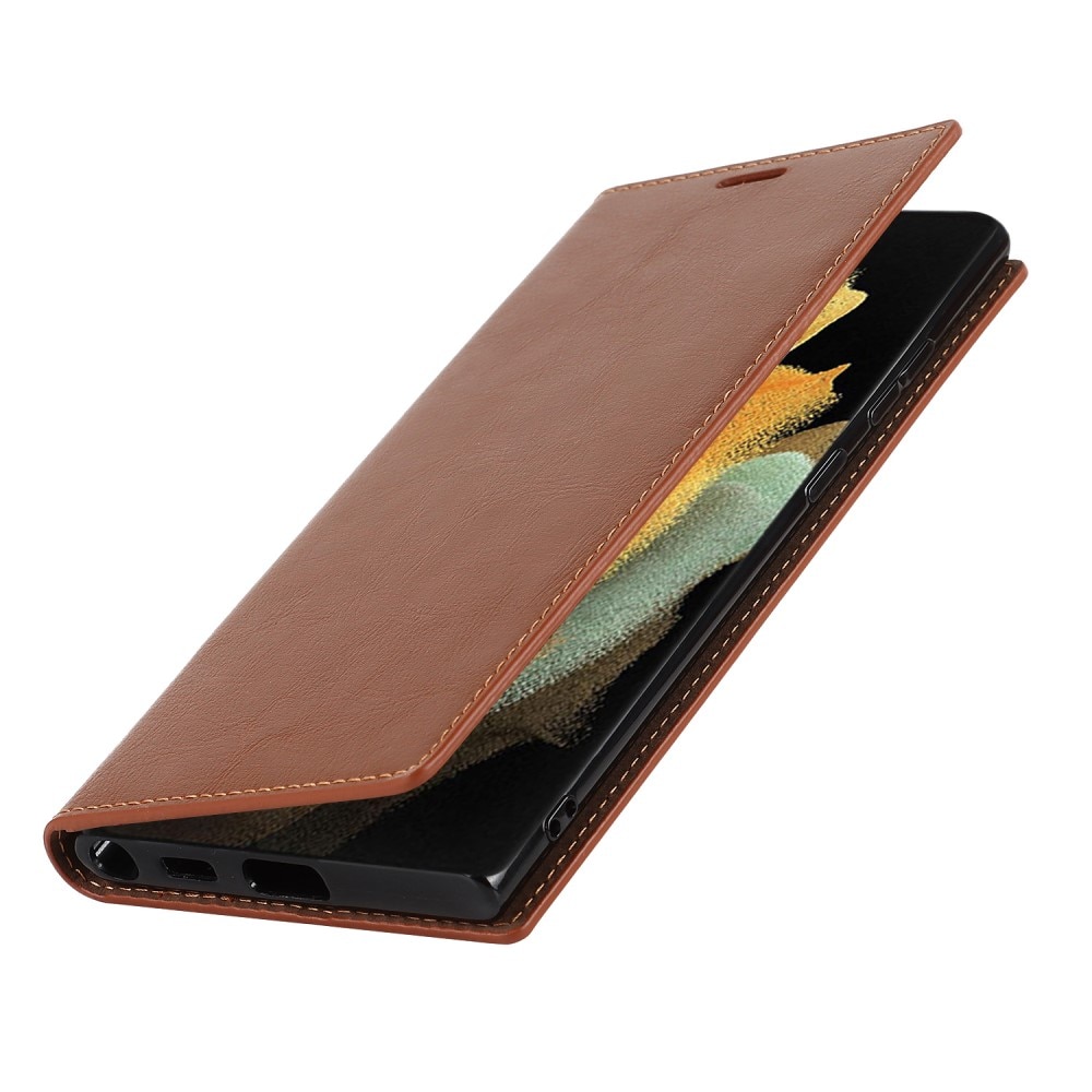 Funda cartera de cuero genuino Samsung Galaxy S22 Ultra Marrón