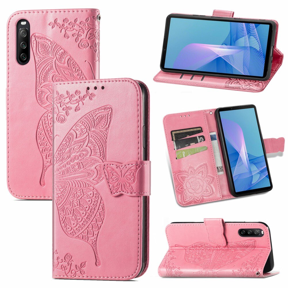 Funda de cuero con mariposas para Sony Xperia 10 III, rosado