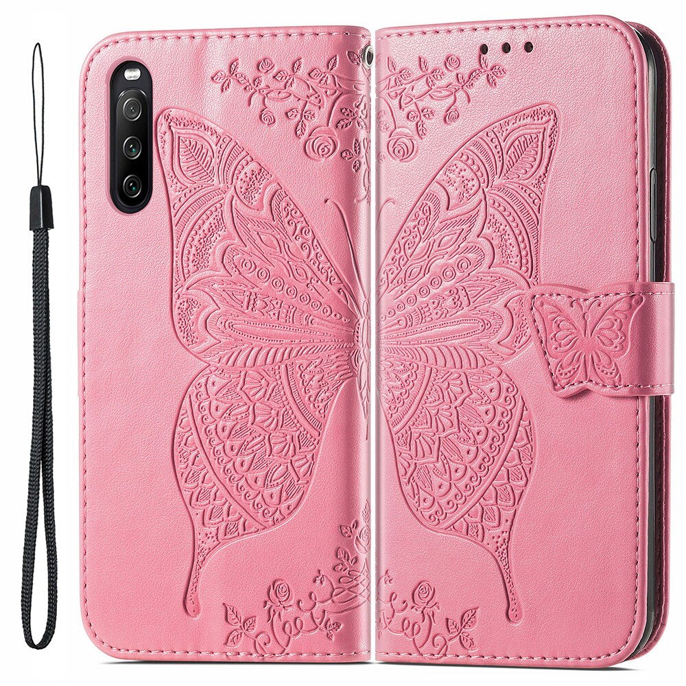 Funda de cuero con mariposas para Sony Xperia 10 III, rosado