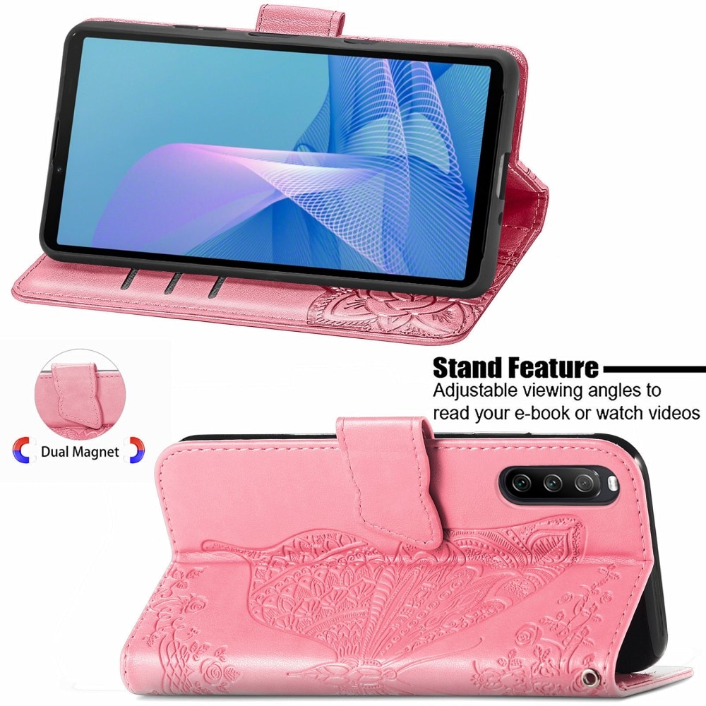 Funda de cuero con mariposas para Sony Xperia 10 III, rosado