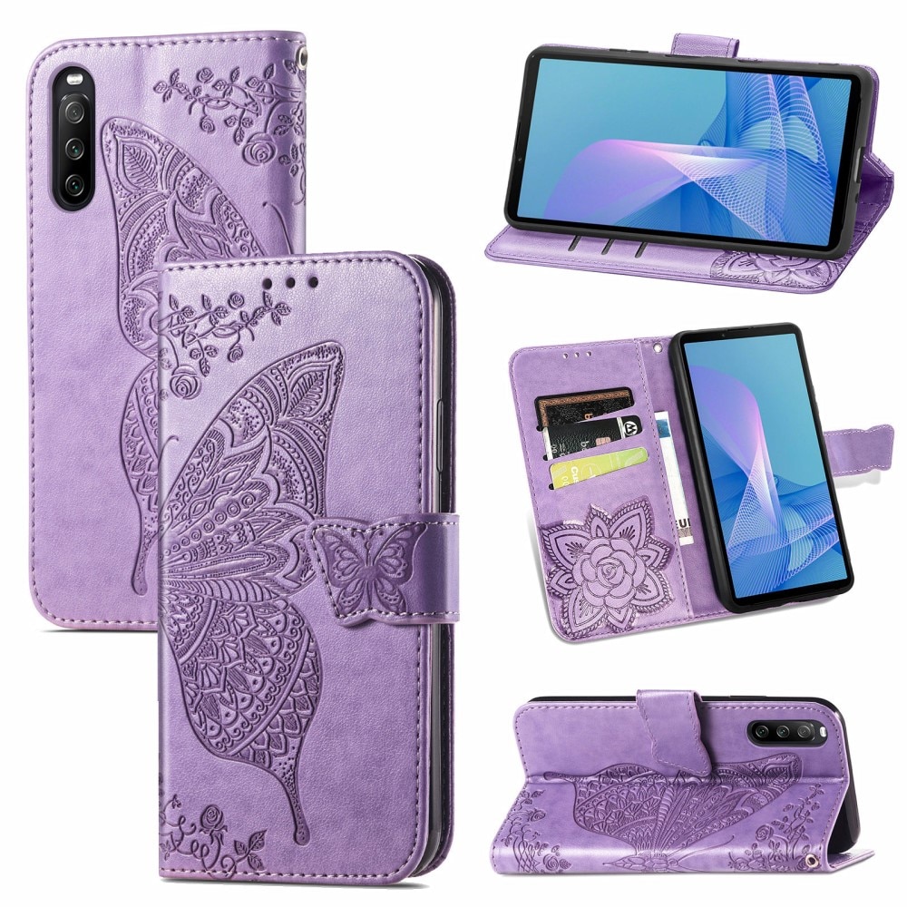 Funda de cuero con mariposas para Sony Xperia 10 III, violeta