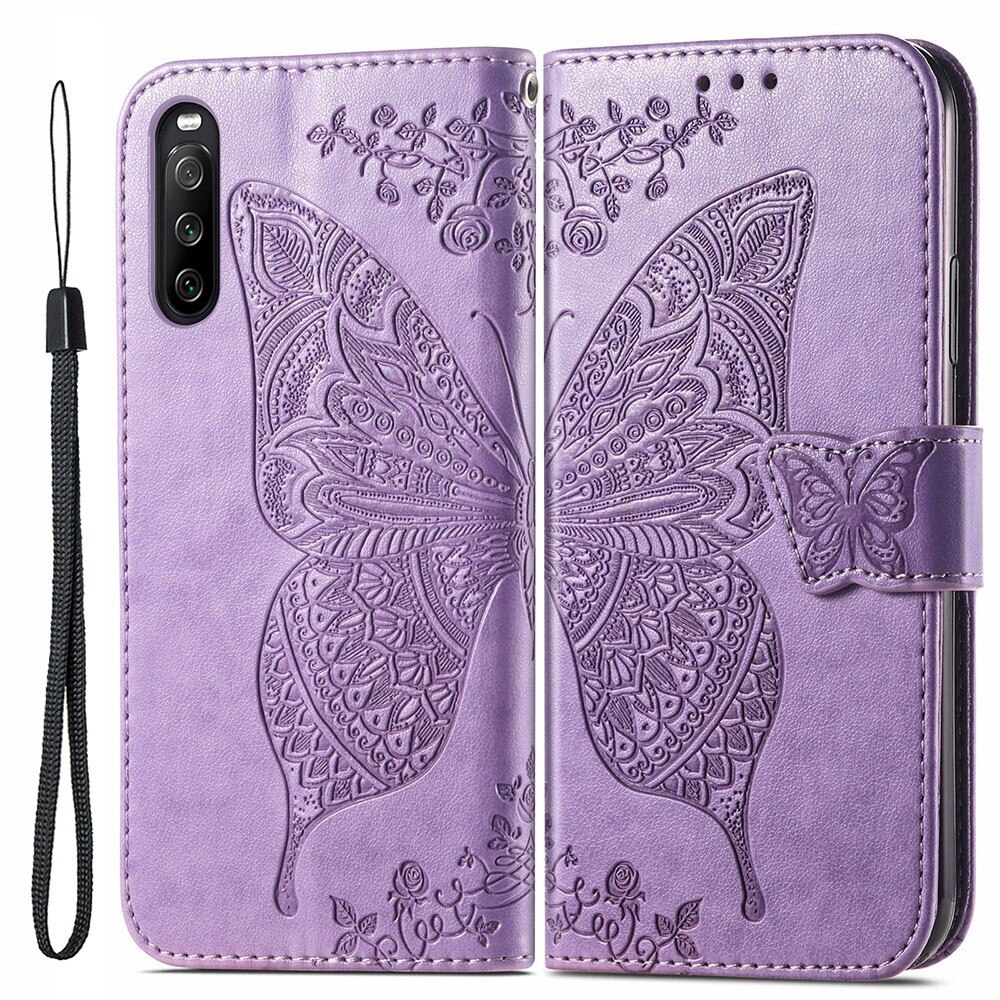 Funda de cuero con mariposas para Sony Xperia 10 III, violeta