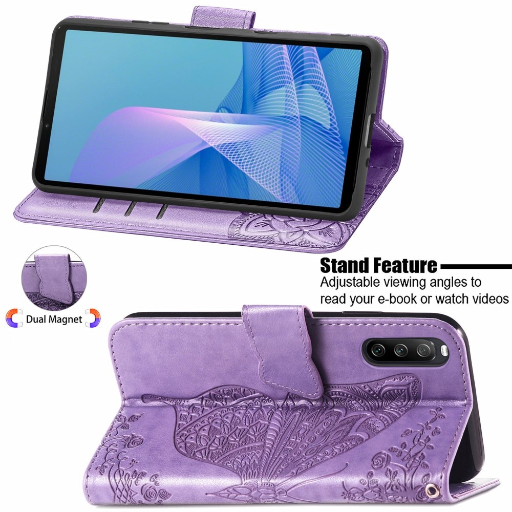 Funda de cuero con mariposas para Sony Xperia 10 III, violeta