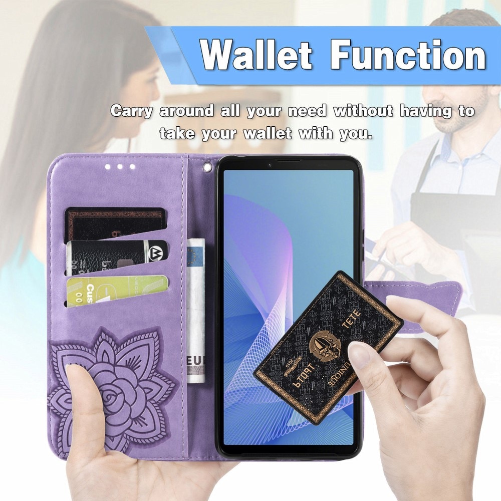 Funda de cuero con mariposas para Sony Xperia 10 III, violeta