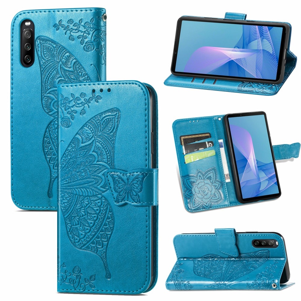 Funda de cuero con mariposas para Sony Xperia 10 III, azul