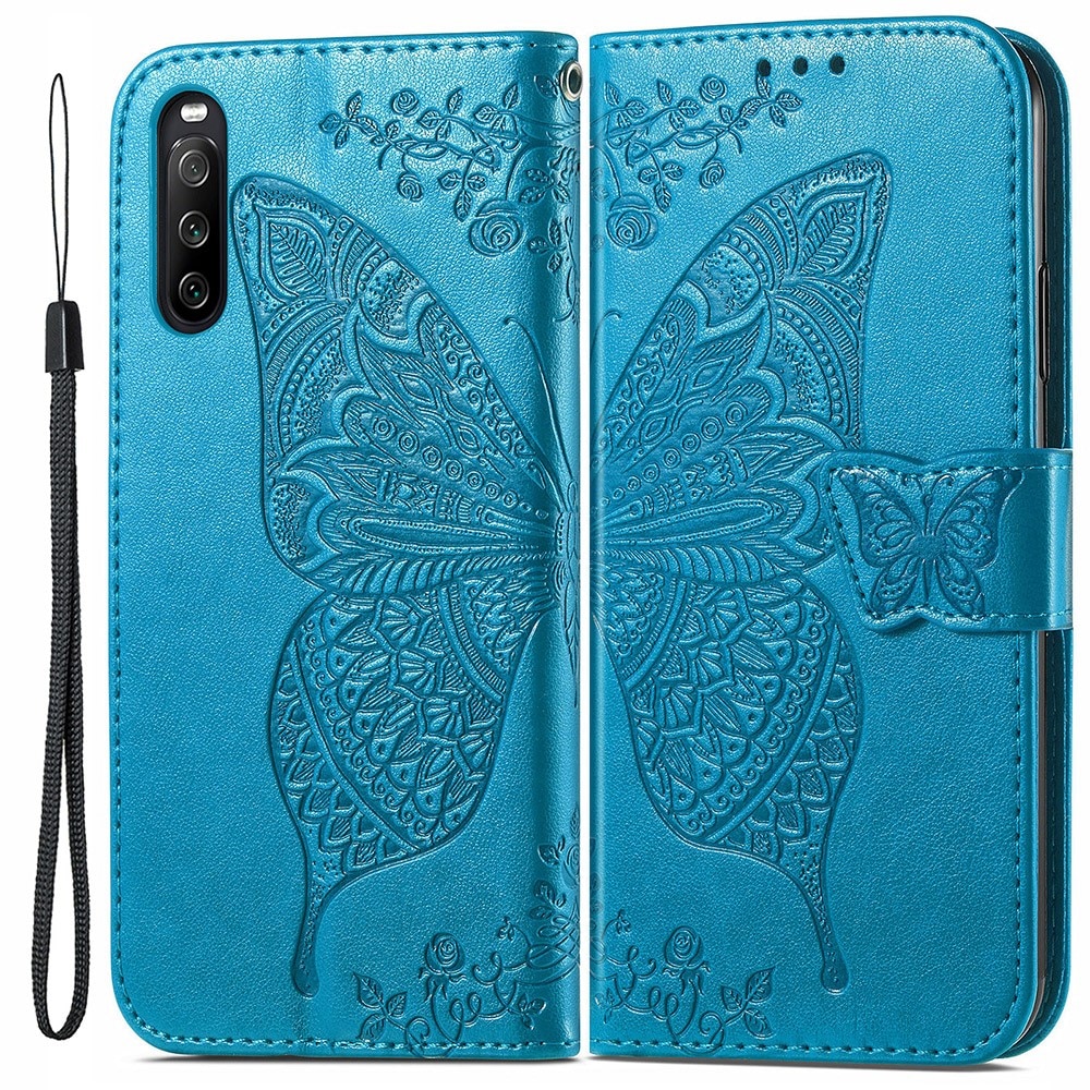 Funda de cuero con mariposas para Sony Xperia 10 III, azul