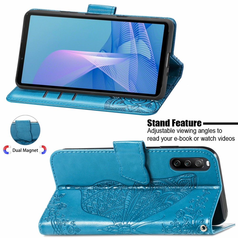 Funda de cuero con mariposas para Sony Xperia 10 III, azul