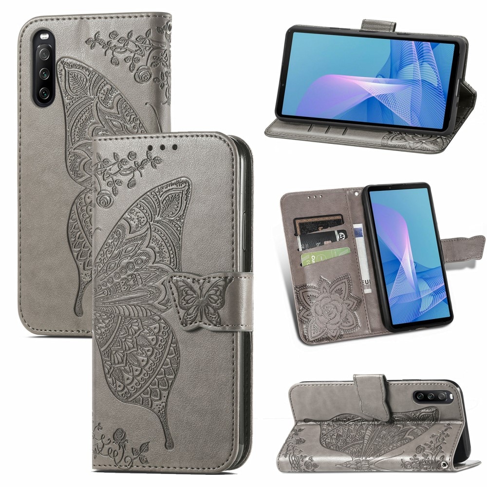 Funda de cuero con mariposas para Sony Xperia 10 III, gris