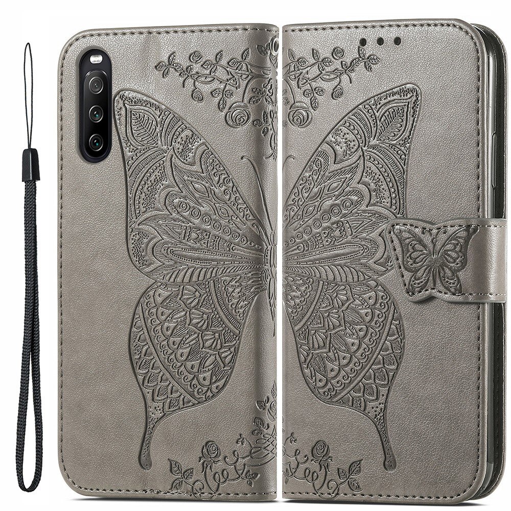 Funda de cuero con mariposas para Sony Xperia 10 III, gris