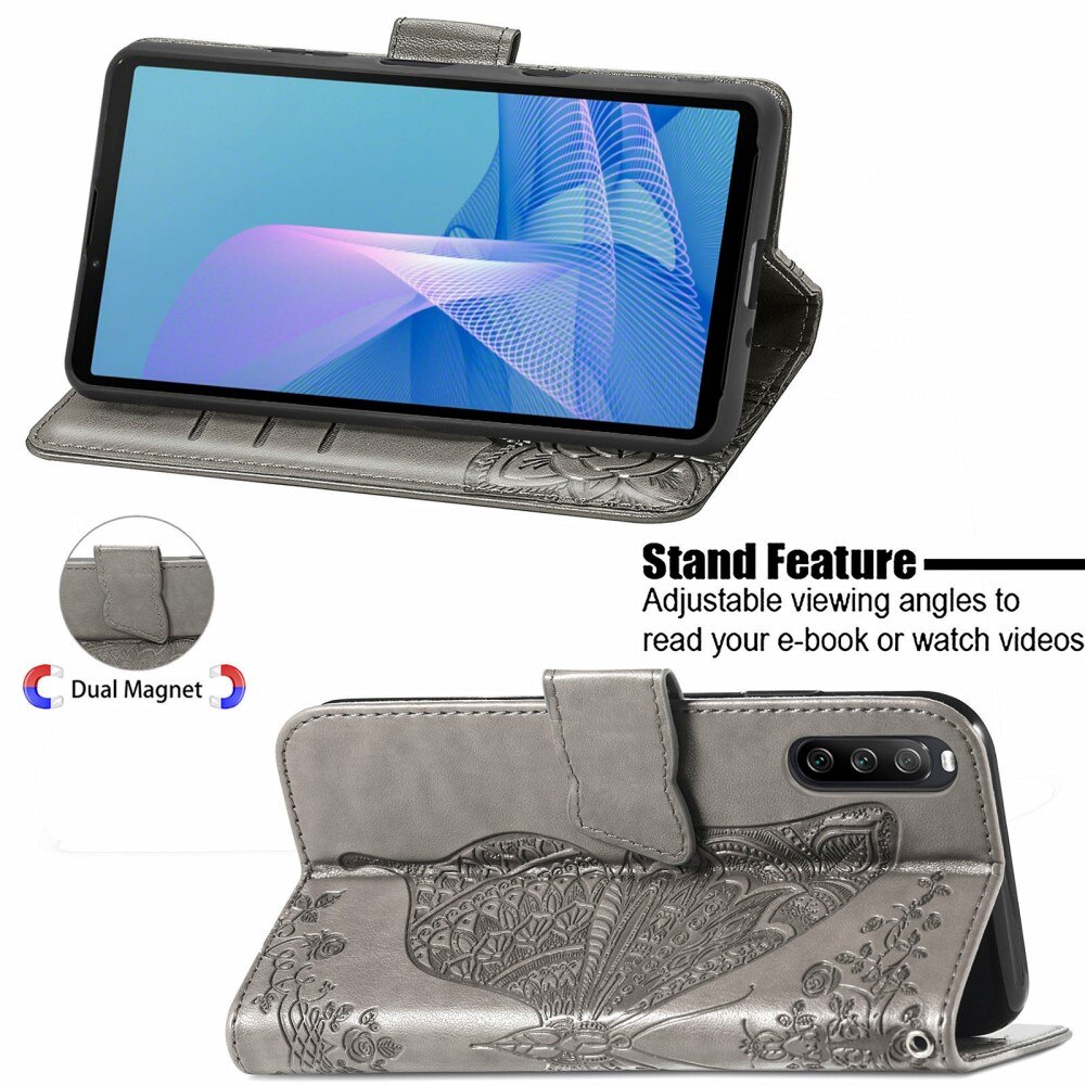 Funda de Cuero con Mariposas Sony Xperia 10 III, Gris