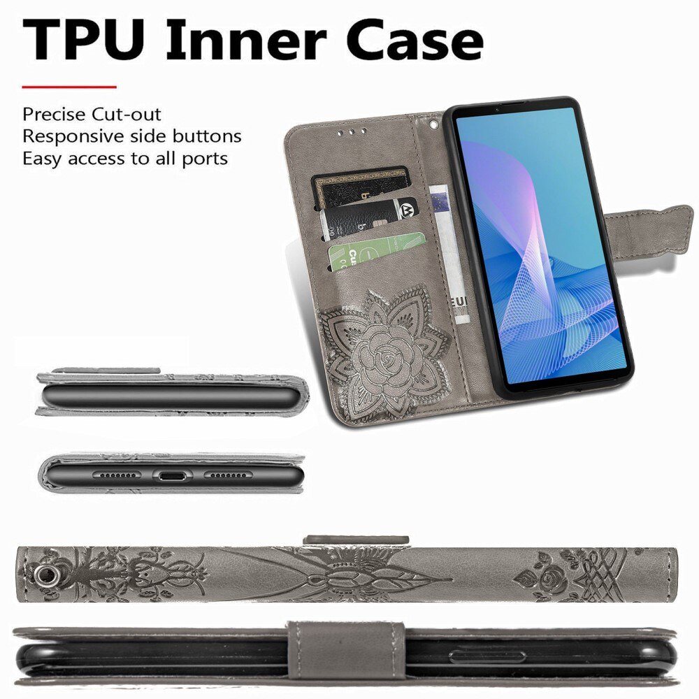 Funda de Cuero con Mariposas Sony Xperia 10 III, Gris