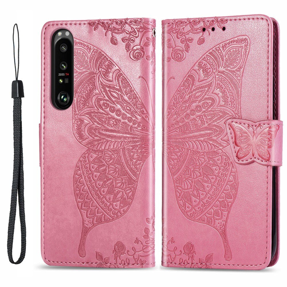 Funda de cuero con mariposas para Sony Xperia 1 III, rosado