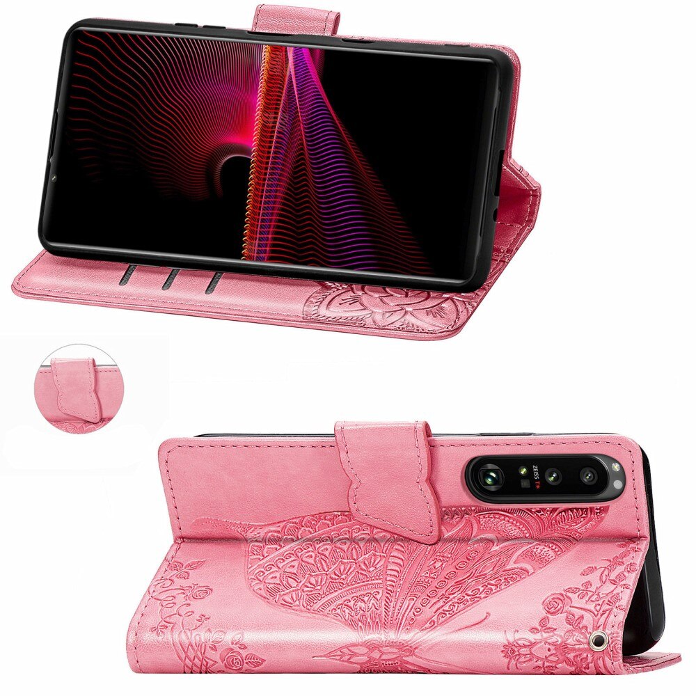 Funda de cuero con mariposas para Sony Xperia 1 III, rosado