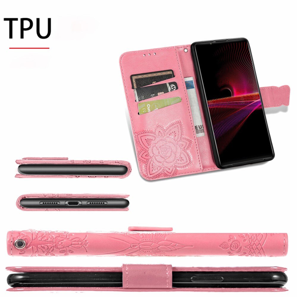 Funda de cuero con mariposas para Sony Xperia 1 III, rosado