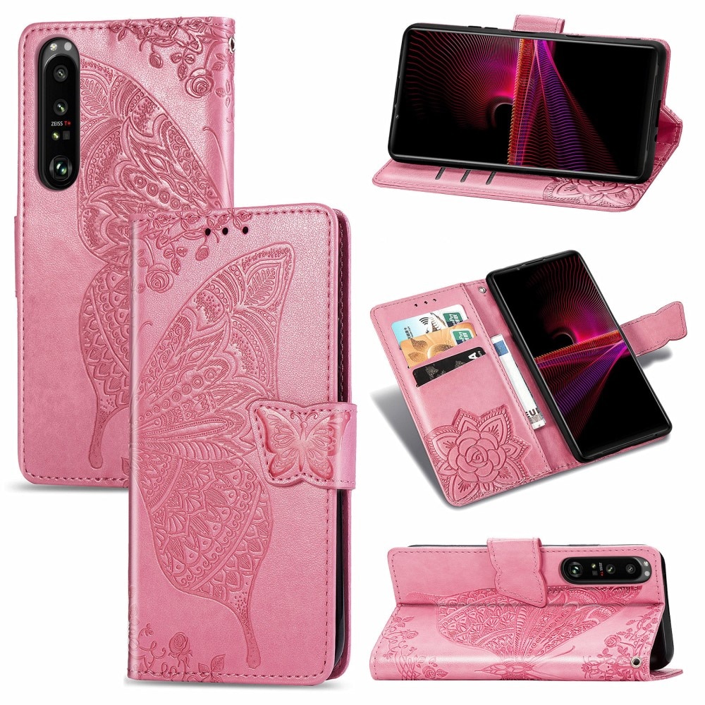 Funda de cuero con mariposas para Sony Xperia 1 III, rosado