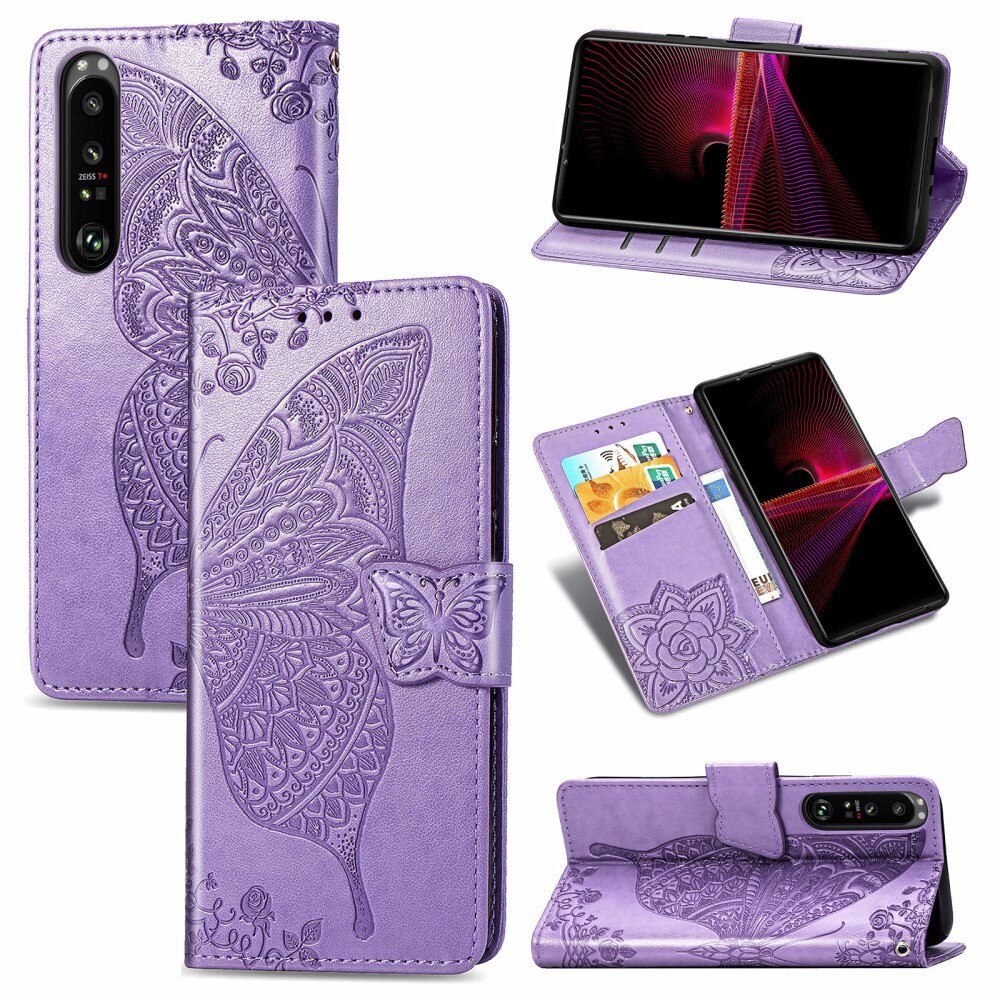 Funda de cuero con mariposas para Sony Xperia 1 III, violeta