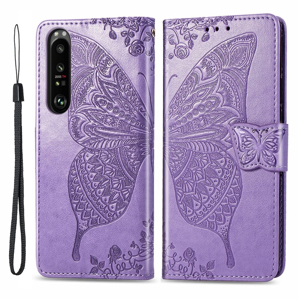 Funda de cuero con mariposas para Sony Xperia 1 III, violeta