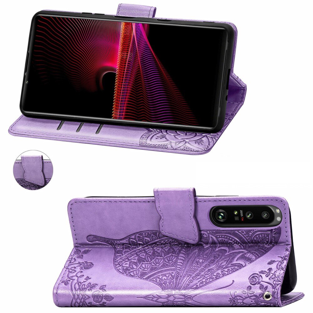 Funda de cuero con mariposas para Sony Xperia 1 III, violeta