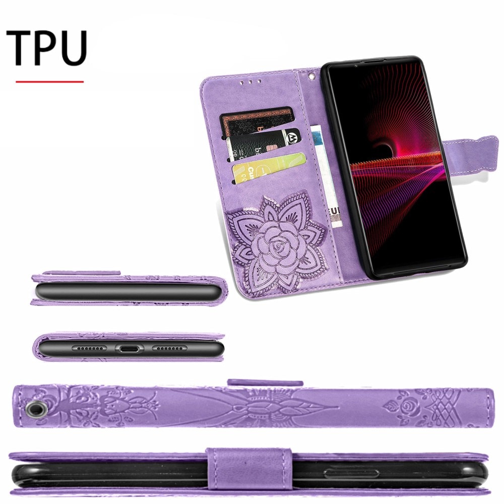 Funda de cuero con mariposas para Sony Xperia 1 III, violeta