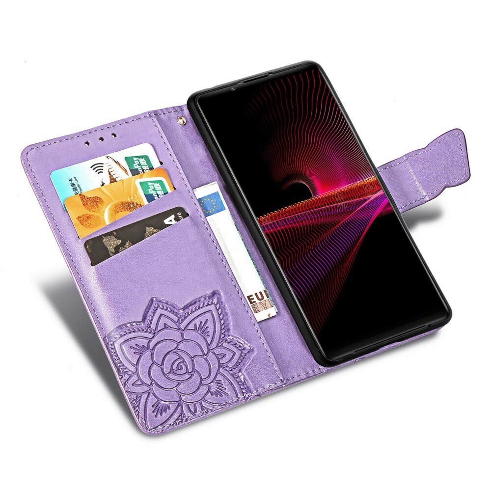 Funda de cuero con mariposas para Sony Xperia 1 III, violeta