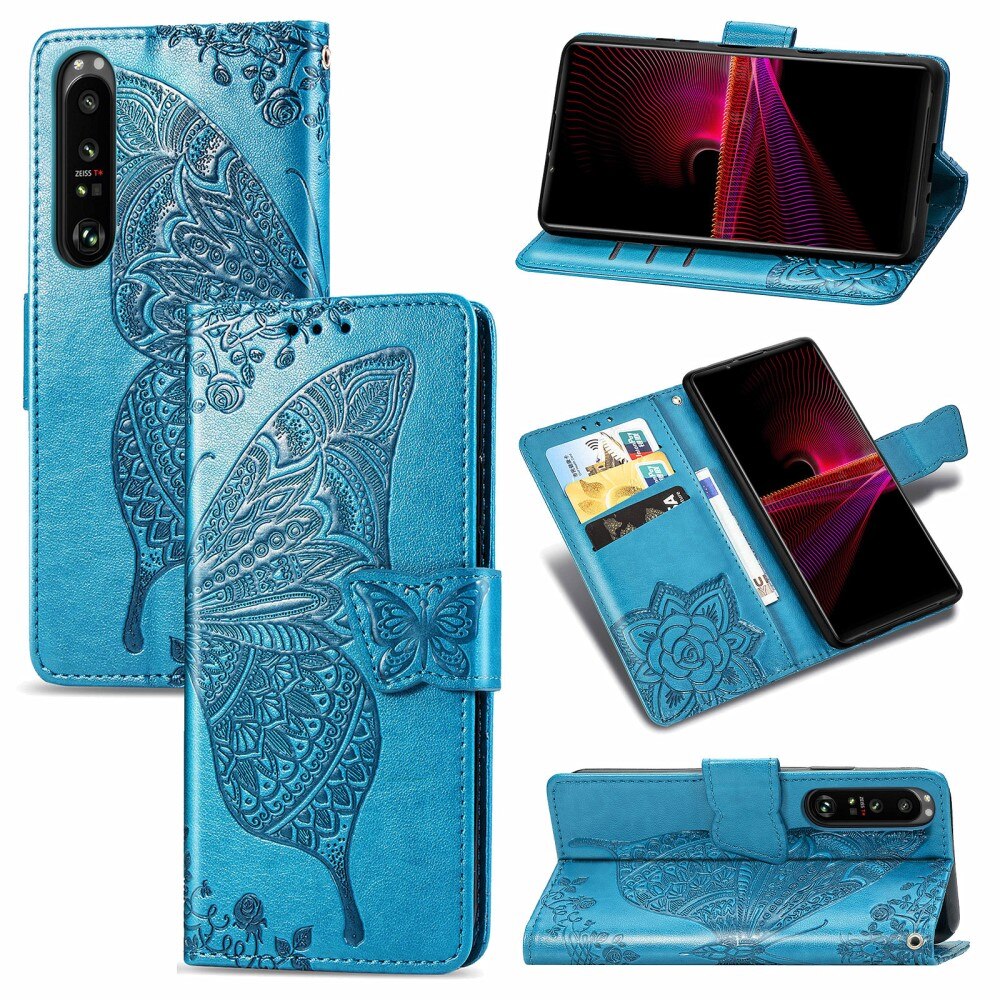 Funda de cuero con mariposas para Sony Xperia 1 III, azul