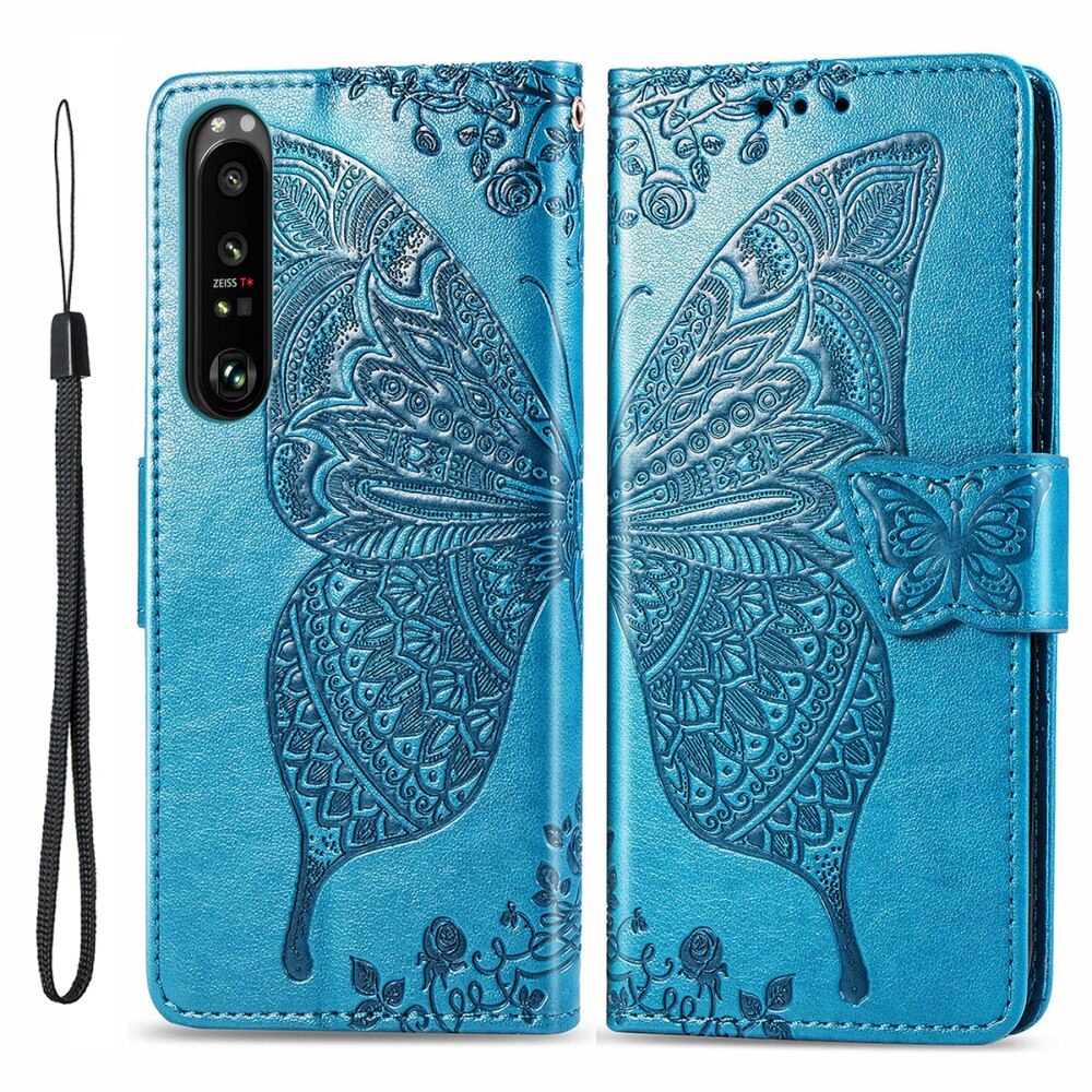 Funda de cuero con mariposas para Sony Xperia 1 III, azul