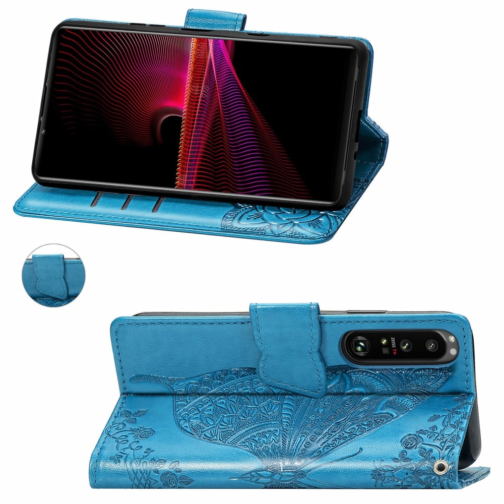 Funda de cuero con mariposas para Sony Xperia 1 III, azul