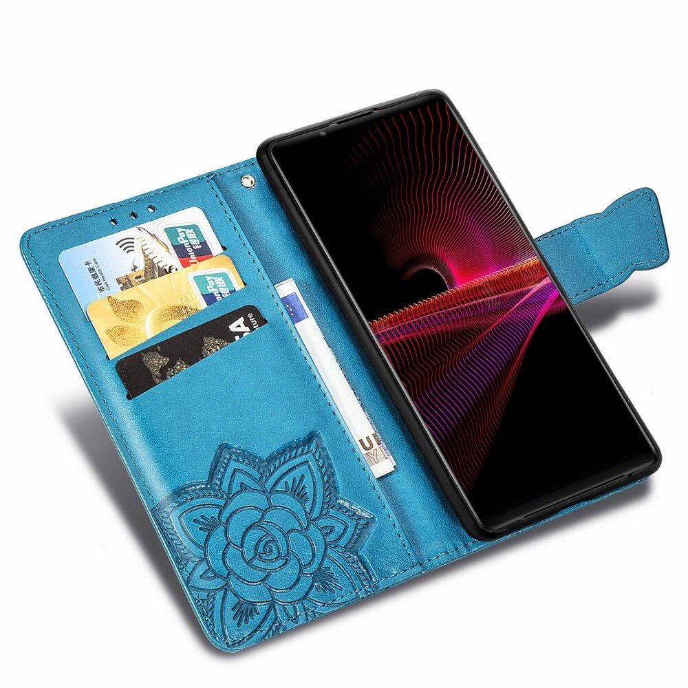 Funda de cuero con mariposas para Sony Xperia 1 III, azul