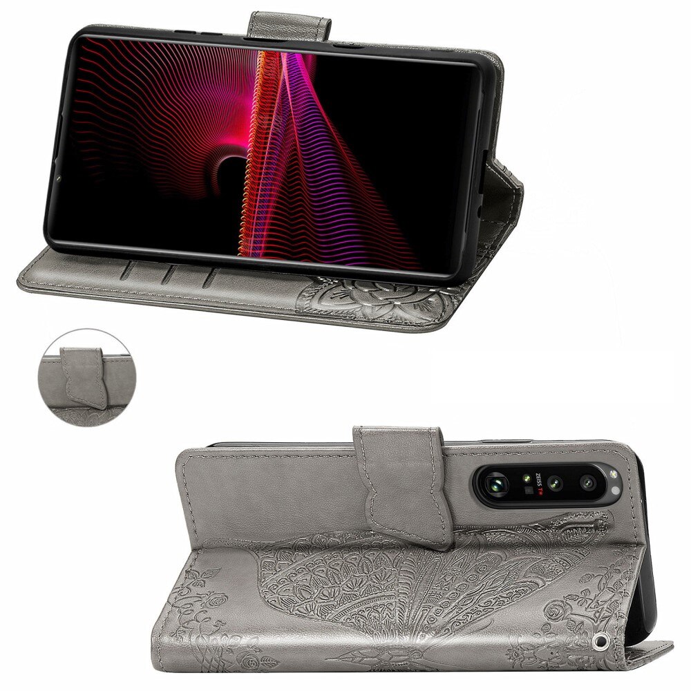Funda de Cuero con Mariposas Sony Xperia 1 III, Gris
