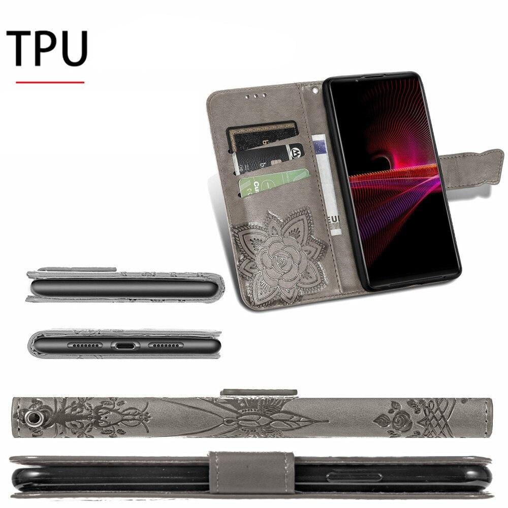 Funda de Cuero con Mariposas Sony Xperia 1 III, Gris