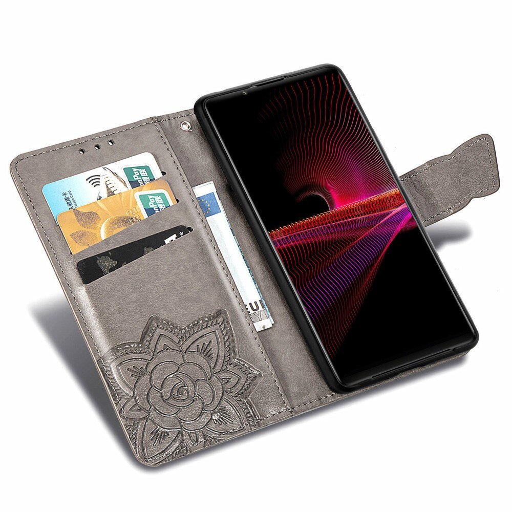 Funda de cuero con mariposas para Sony Xperia 1 III, gris