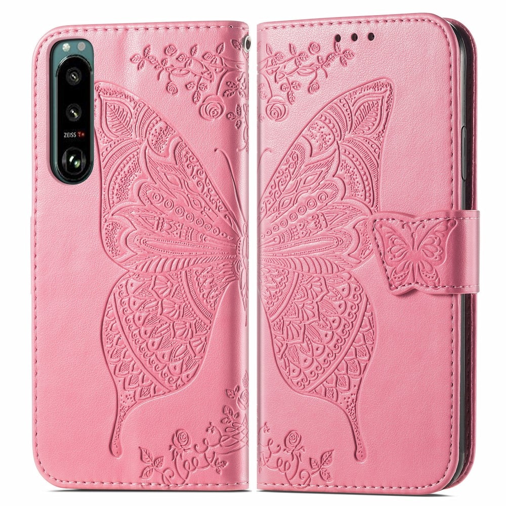 Funda de cuero con mariposas para Sony Xperia 5 III, rosado