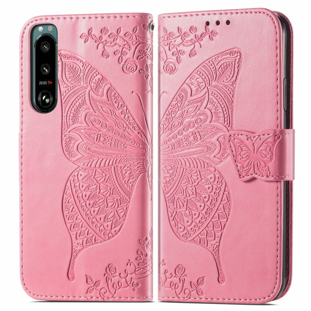 Funda de Cuero con Mariposas Sony Xperia 5 III, Rosa
