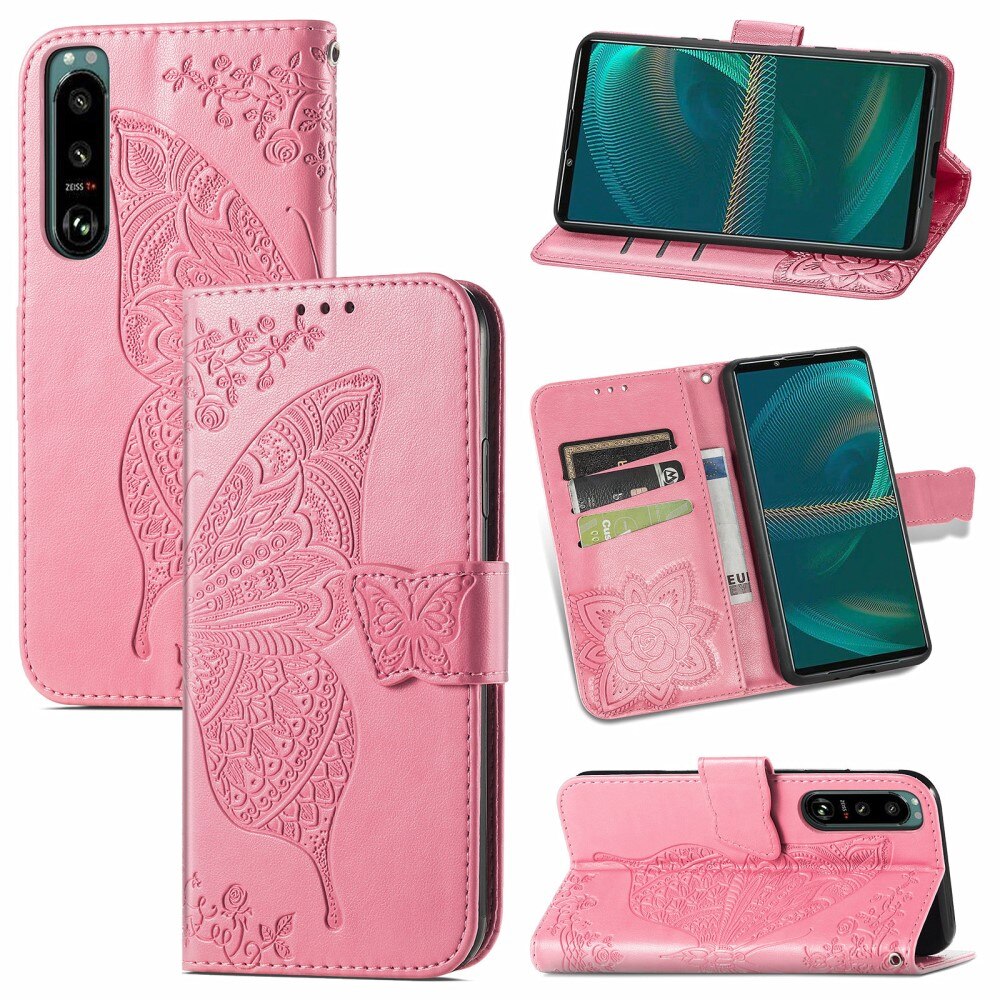 Funda de Cuero con Mariposas Sony Xperia 5 III, Rosa