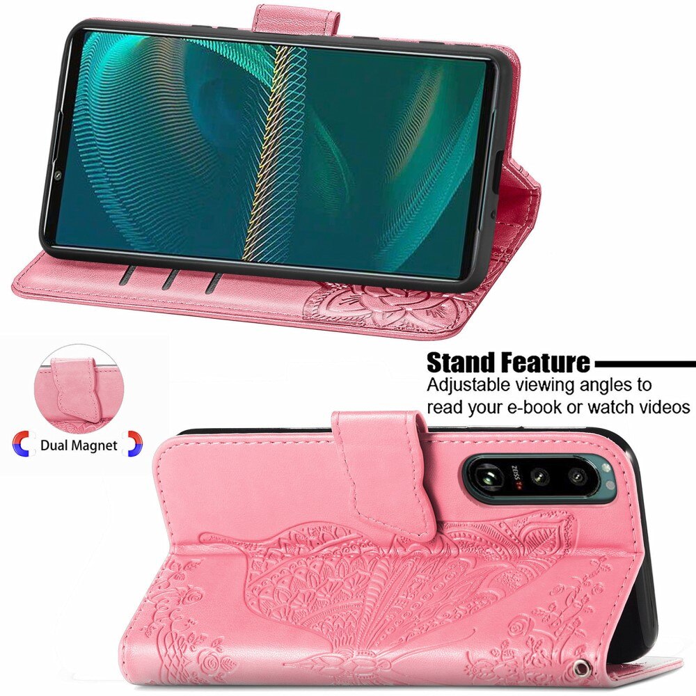 Funda de cuero con mariposas para Sony Xperia 5 III, rosado