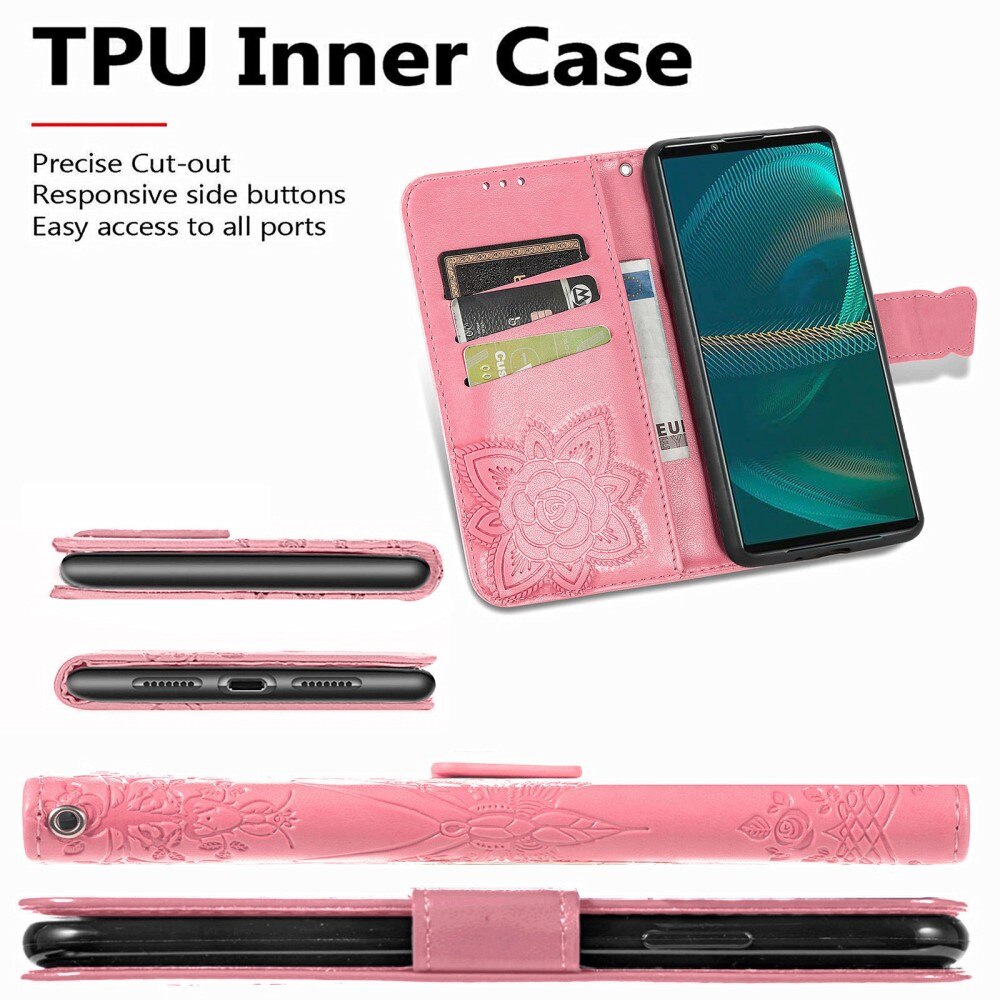 Funda de Cuero con Mariposas Sony Xperia 5 III, Rosa