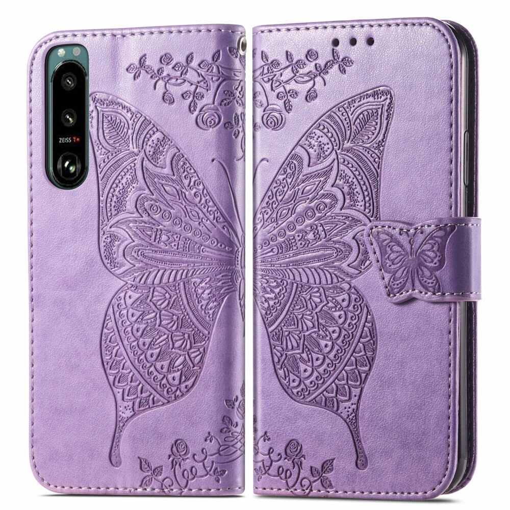 Funda de Cuero con Mariposas Sony Xperia 5 III, Púrpura