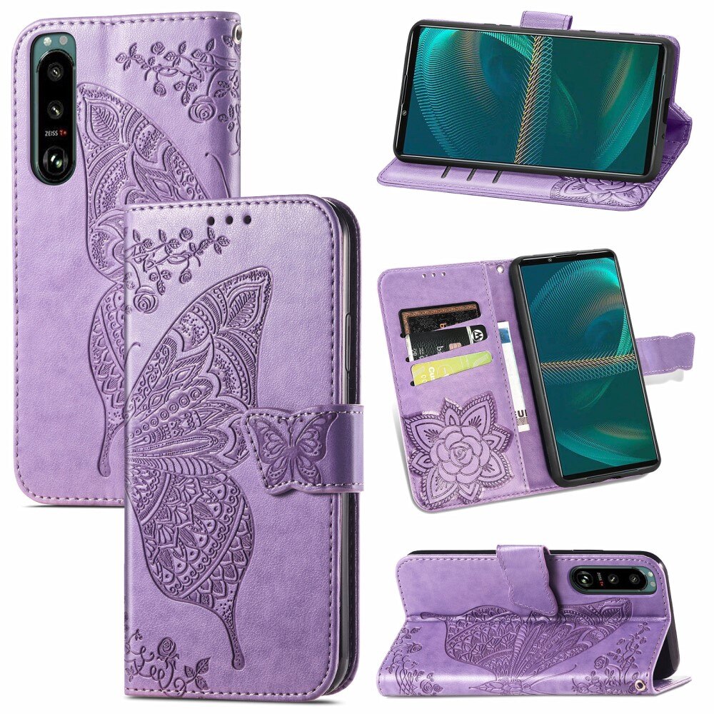 Funda de cuero con mariposas para Sony Xperia 5 III, violeta